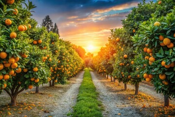 Fototapeta premium California Citrus Orchard Sunset, Riverside Orange Grove, Golden Hour Photography, Historic Park Food Photography