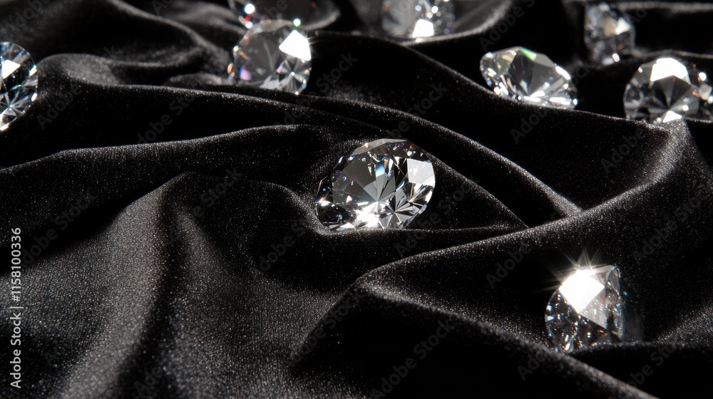 Aufkleber Sparkling diamonds scattered on luxurious black fabric with ample space for elegant text placement. Generative AI