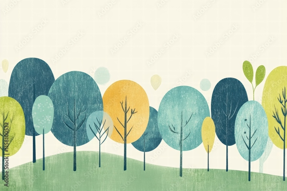 Aufkleber Bright and colorful naive art style background with trees and ample space for text display or mock up uses. Generative AI