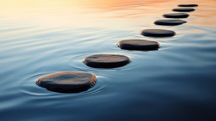 Tranquil Water Steps: A Serene Sunset Path of Stones Across Calm Waters