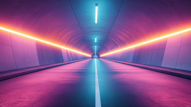 modern empty road in tunnel with vibrant neon lights creating futuristic atmosphere. geometric wall shapes enhance visual appeal, inviting exploration