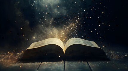 Naklejka premium An open book emits magical sparks in a dark, atmospheric setting.