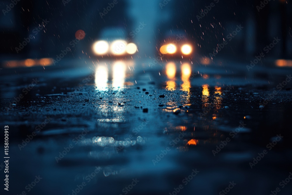 Poster Bright car lights streaking through a wet night road creating patterns in the dark atmosphere. Generative AI