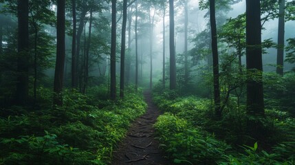 Obraz premium Misty forest path, sunlight peaking through the canopy, lush green ferns