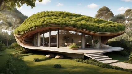 An innovative sustainable home with foliage woven into its roof