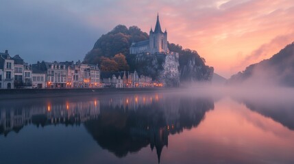 Fototapeta premium Misty sunrise over a river town with a castle on a hill.