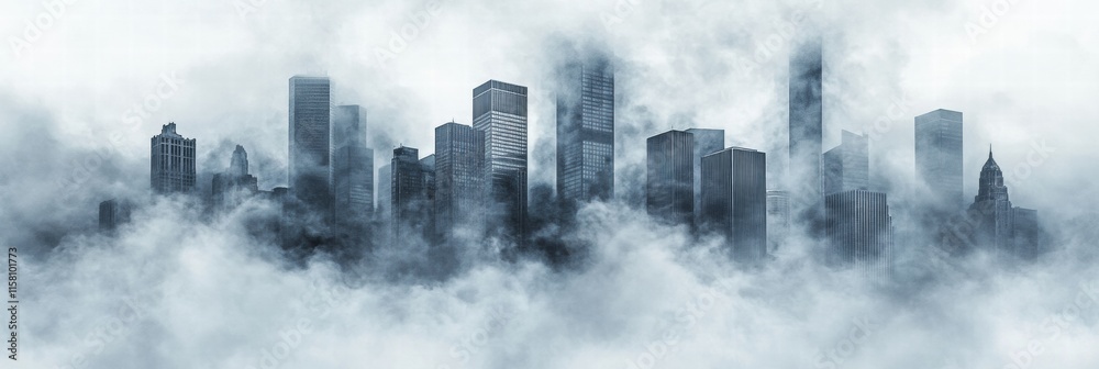 Poster dense smog covers city skyline, creating a surreal and mysterious atmosphere at dawn. generative ai
