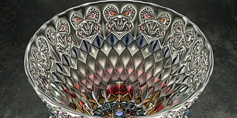 Naklejka premium Ornate Glass Bowl with Diamond Pattern and Butterfly Motifs