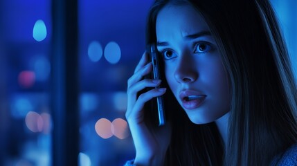 Woman receiving unwanted call. Phone call from anonymous number. Scam, fraud or phishing smartphone concept. Stranger calling.