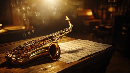Fototapeta premium Alto saxophone rests on a wooden table with sheet music, smoky background.