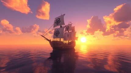Fototapeta premium Galleon sailing at sunset.