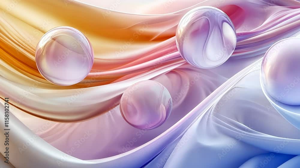 Poster abstract pastel spheres floating over silky waves, fluid dynamics concept