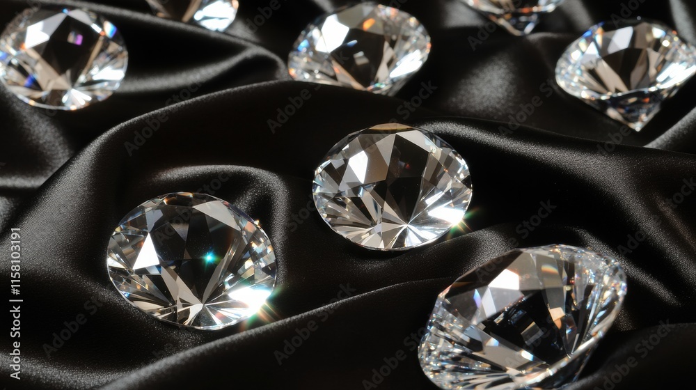 Fototapete Sparkling diamonds resting elegantly on soft black fabric with ample space for text and design. Generative AI