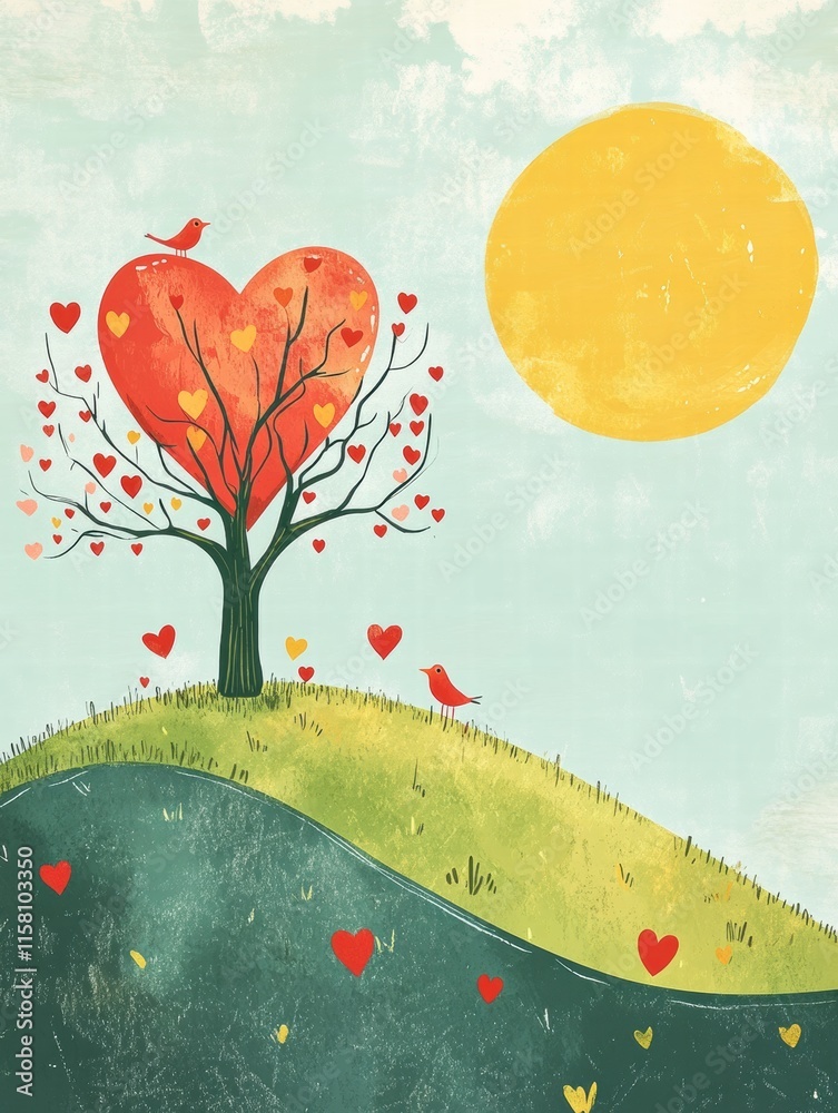 Poster whimsical valentines day design featuring a heart shaped tree under the sun with playful birds and h