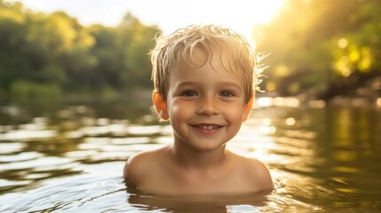 Fototapeta premium Happy boy playing in lake water.