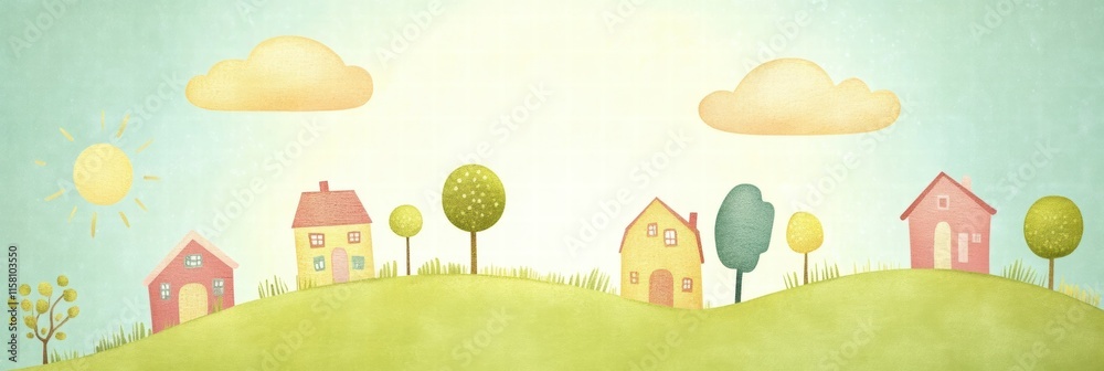 Poster Charming landscape featuring colorful houses and trees in a naive art style with ample space for text and creativity. Generative AI