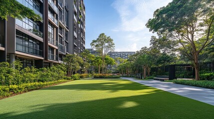 Fototapeta premium Modern apartment building with lush green landscaping and pathway.