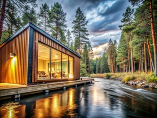 Obraz premium Escape to a luxurious riverfront cabin; wilderness awaits. Terrace included.