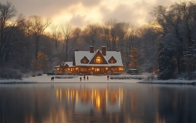 Obraz premium Snowy winter evening at lakeside cabin.