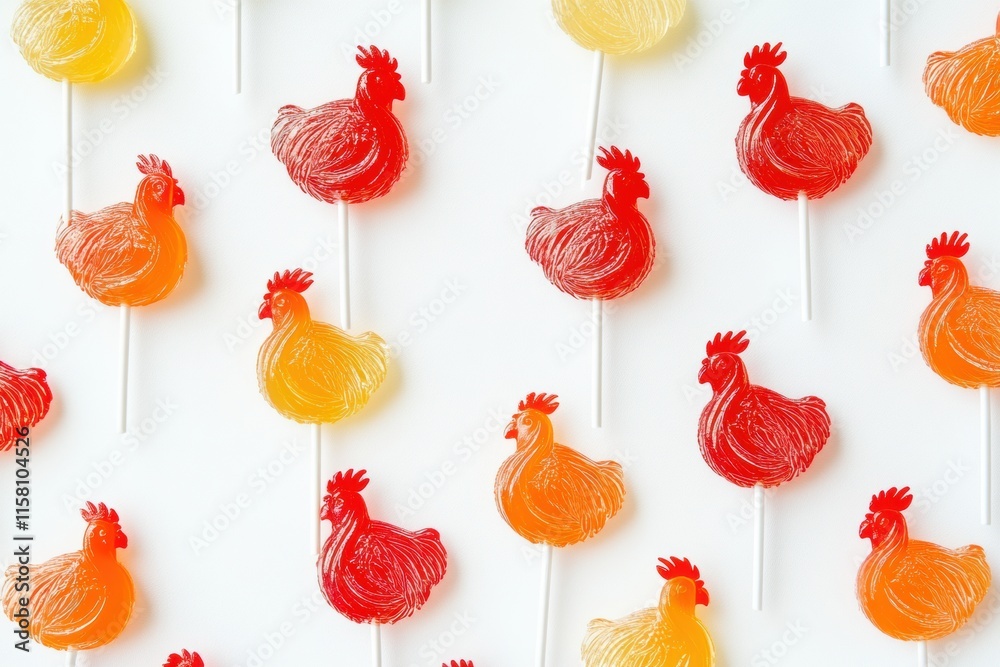 Poster Vibrant rooster shaped lollipops arranged on a white background with copy space for text and mock up ideas. Generative AI