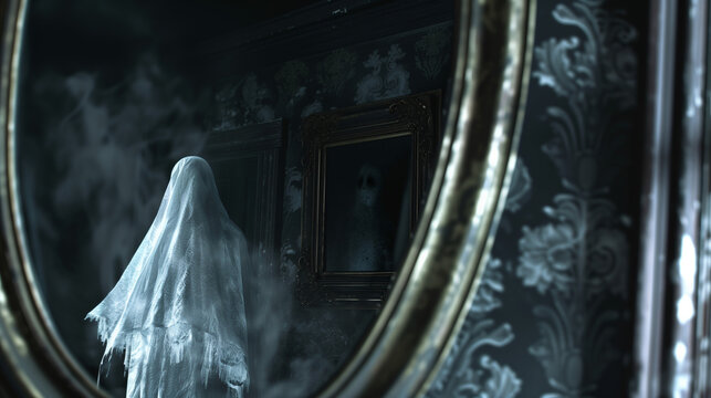 Ghostly white-shrouded figure reflected in antique oval mirror within dimly lit haunted chamber, featuring baroque ornamental frame and swirling mist creating chilling ambiance