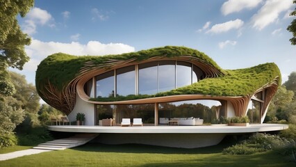 An innovative sustainable home with foliage woven into its roof