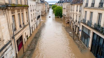 Naklejka premium Aerial view of flooded street with cobblestones and buildings water urban nature disaster city environment landscape