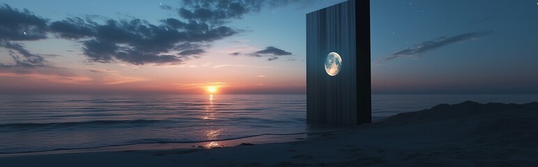 Fototapeta premium A mesmerizing time portal on the beach with sunset glowing on the left and the moonlit night on the right, symbolizing the transition between day and night in a stunning real-life scene.