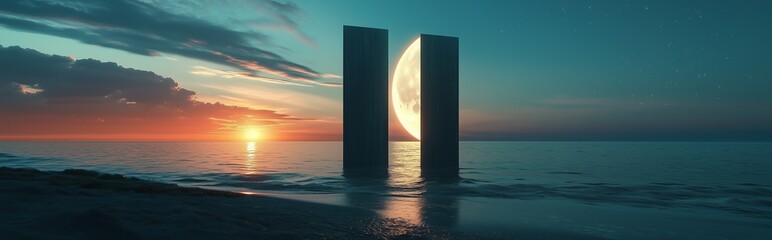 A mesmerizing time portal on the beach with sunset glowing on the left and the moonlit night on the right, symbolizing the transition between day and night in a stunning real-life scene.