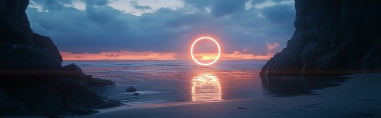 A mesmerizing time portal on the beach with sunset glowing on the left and the moonlit night on the right, symbolizing the transition between day and night in a stunning real-life scene.