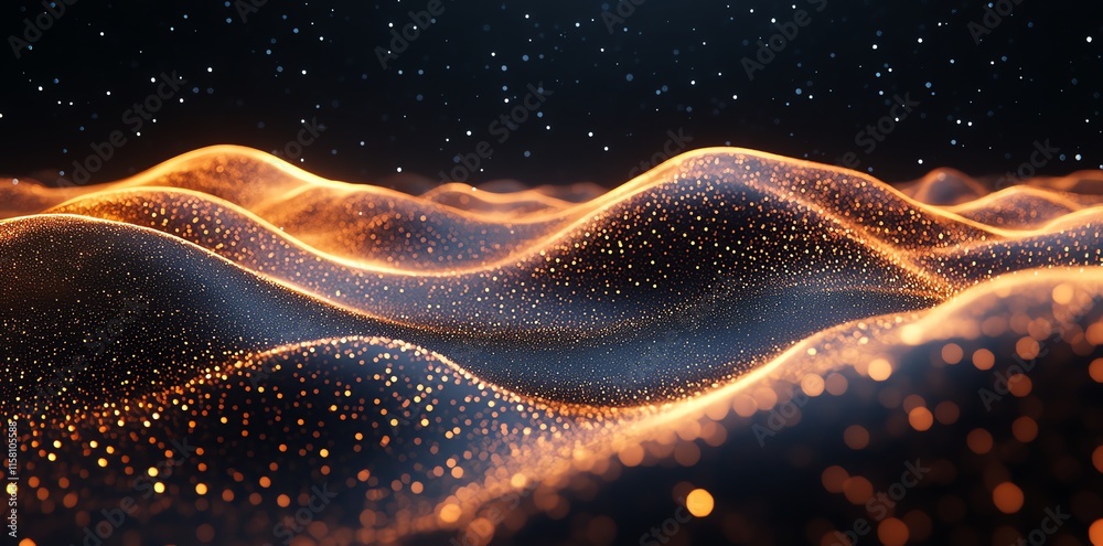Poster abstract digital landscape with glowing waves and particles against a starry background.