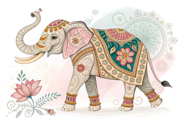 a vibrant and intricate digital artwork of a elephant showcasing traditional Indian art style. The artwork should include a subtle background that enhances the intricate details - generated by ai