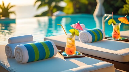 A couple of sun loungers by the pool with rolled-up towels and tropical drinks