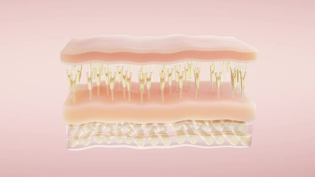 A 3D video template for cosmetic advertising featuring a bright pink background, depicting the growth of new collagen fibers to smooth the skin layer of the skin block repair process.