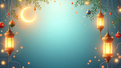 Elegant Gold Lanterns, Moon, and Stars: A Festive Ramadan or Eid Background