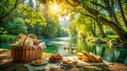 Forest picnic: vibrant greens, sunlit bounty, a delightful summer spread.