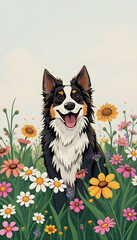 Happy border collie dog in flowers on spring season, comic art, with white tones