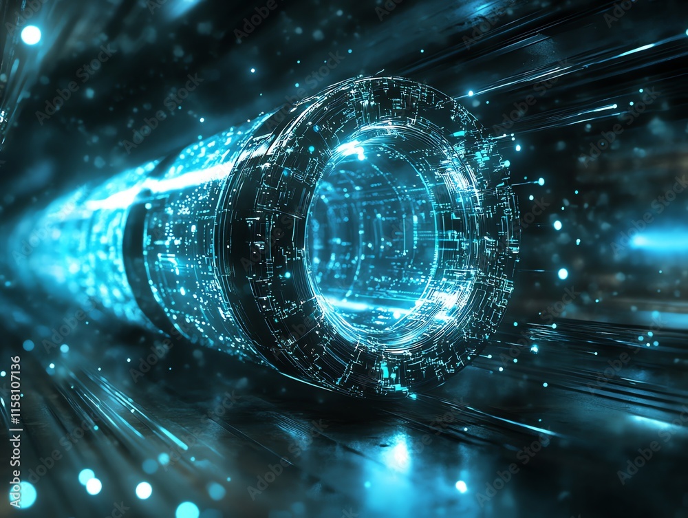 Poster A futuristic tunnel with glowing digital patterns and particles, suggesting advanced technology.