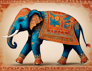 a vibrant and intricate digital artwork of a elephant showcasing traditional Indian art style. The artwork should include a subtle background that enhances the intricate details - generated by ai