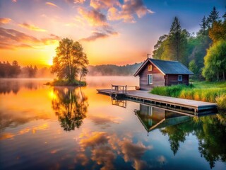 Fototapeta premium Misty Sunrise Cottage Dock, Northern Lake Landscape Photography, Colorful Dawn