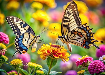 Obraz premium Generative AI unveils stunning macro detail: lemon, lime, and checkered swallowtails nectaring on flowers.