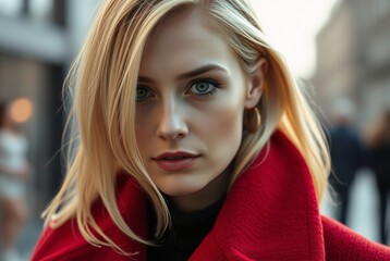 Fototapeta premium Elegant Young Woman in Red Coat with Soft Blonde Hair in Urban Setting