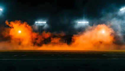 Night Stadium: Orange Smoke, Bright Lights, and Empty Field