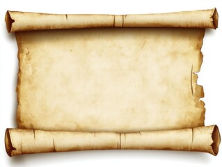 Blank antique parchment scroll isolated on white background.
