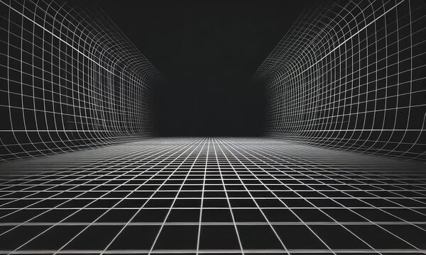 Abstract black and white grid pattern forming a tunnel-like structure.