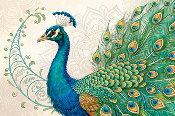 a vibrant and intricate digital artwork of a peacock showcasing traditional Indian art style. The artwork should include a subtle background that enhances the intricate details - generated by ai