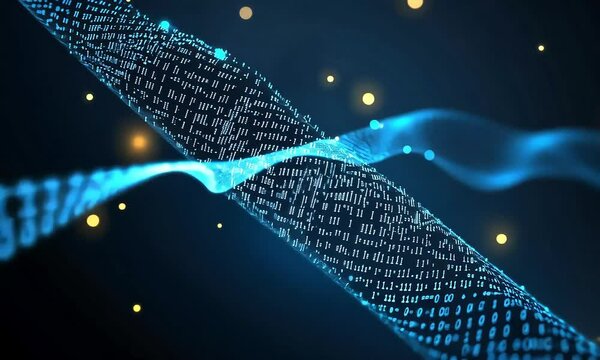 Abstract blue digital data stream flowing in dark background.