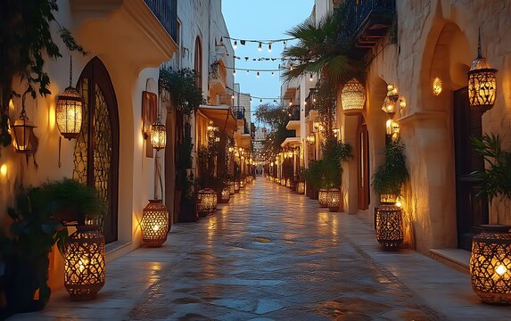 Romantic twilight street, lanterns, architecture.