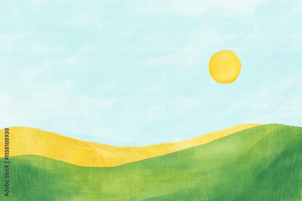 Poster Bright sun over rolling green hills in a naive art style background with ample space for text or design purposes. Generative AI
