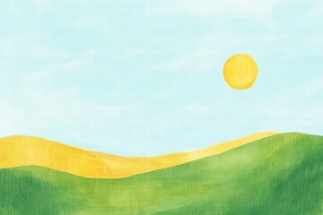 Bright sun over rolling green hills in a naive art style background with ample space for text or design purposes. Generative AI